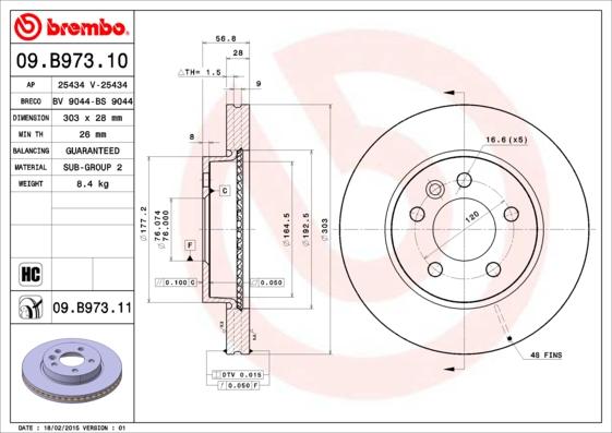 Brembo 09.B973.11 - Тормозной диск autosila-amz.com