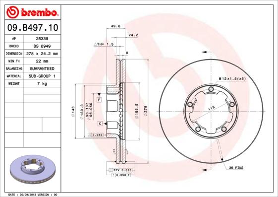 Brembo 09.B497.10 - Тормозной диск autosila-amz.com