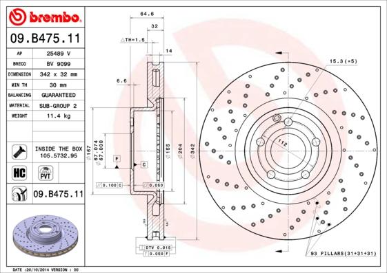 Brembo 09.B475.11 - Тормозной диск autosila-amz.com