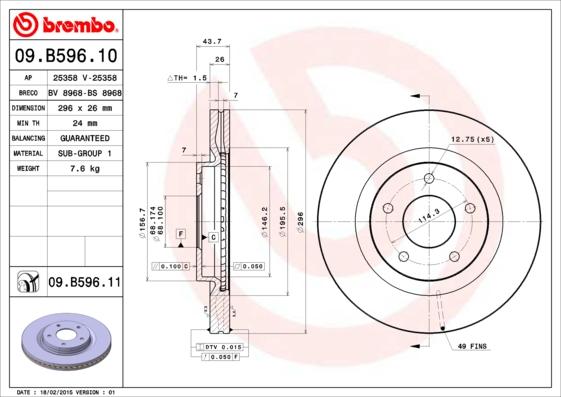 Brembo 09.B596.11 - Диск тормозной перед NISSAN JUKE (N15) 1.6 DIG-T 10- autosila-amz.com