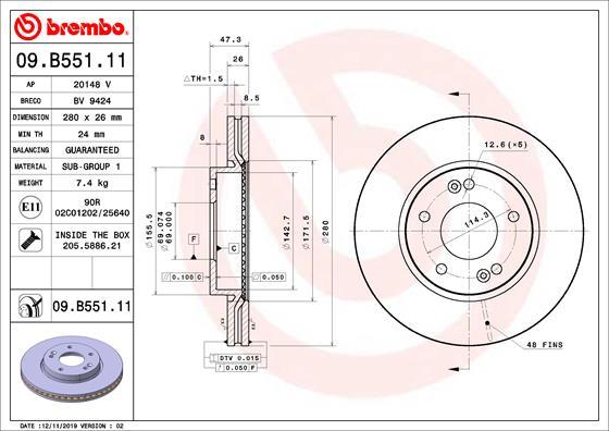 Brembo 09.B551.11 - Диск тормозной передн. с УФ покрытием HYUNDAI SONATA VI (YF) 06/09-12/15 / HYUNDAI SONATA VII (LF) 06/14-> autosila-amz.com