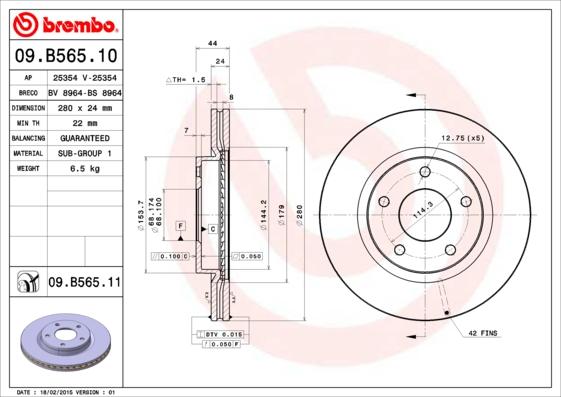 Brembo 09.B565.10 - Тормозной диск autosila-amz.com
