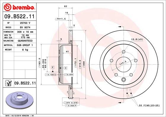 Brembo 09.B522.11 - Тормозной диск autosila-amz.com