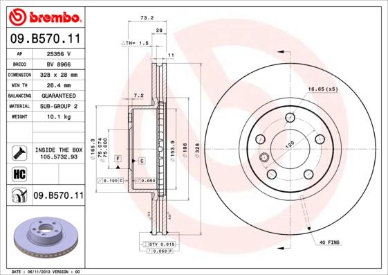 Brembo 09.B570.11 - Тормозной диск autosila-amz.com