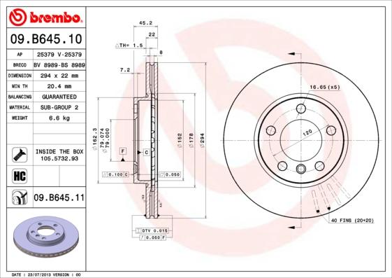 Brembo 09.B645.11 - Тормозной диск autosila-amz.com