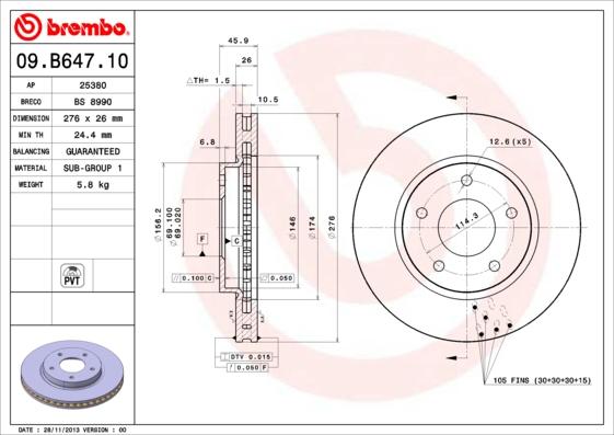 Brembo 09.B647.10 - Тормозной диск autosila-amz.com