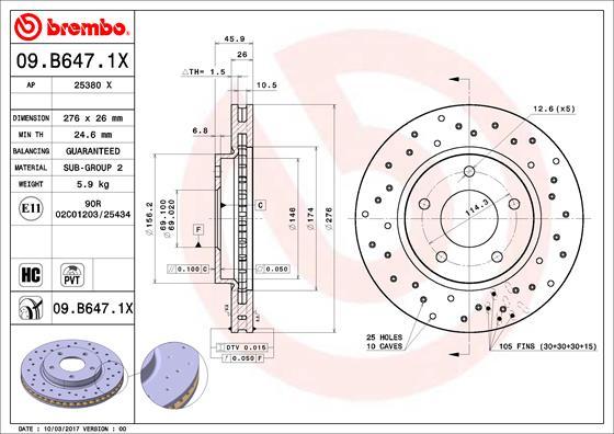 Brembo 09.B647.1X - Тормозной диск autosila-amz.com