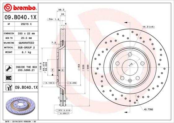 Brembo 09.B040.1X - Тормозной диск autosila-amz.com