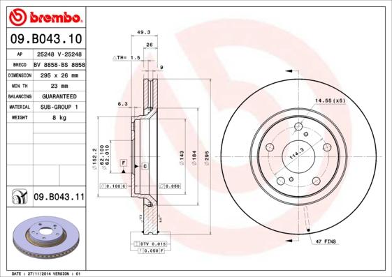 Brembo 09.B043.10 - Тормозной диск autosila-amz.com