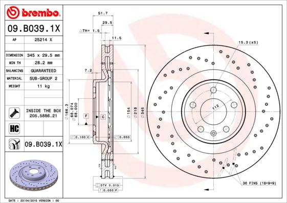 Brembo 09.B039.1X - Тормозной диск autosila-amz.com