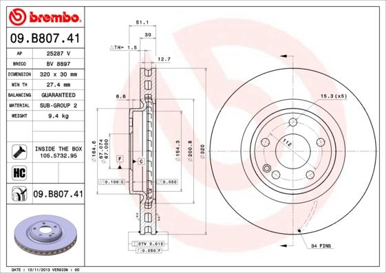 Brembo 09.B807.41 - Тормозной диск autosila-amz.com