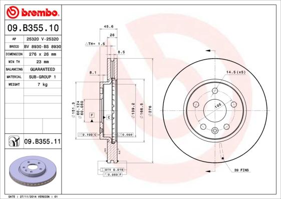 Brembo 09.B355.10 - Тормозной диск autosila-amz.com