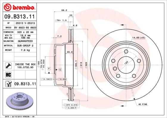 Brembo 09.B313.11 - Диск тормозной задн. с УФ покрытием BMW 5 (E60) 12/01-03/10 / BMW 5 Touring (E61) 06/04-12/10 autosila-amz.com