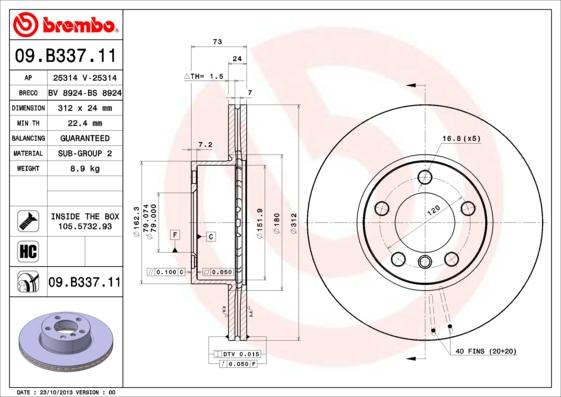 Brembo 09.B337.11 - Тормозной диск autosila-amz.com