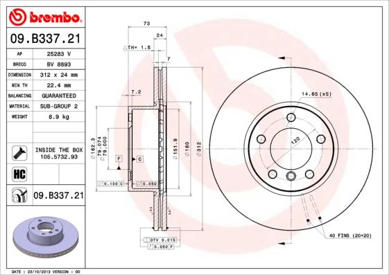 Brembo 09.B337.21 - Тормозной диск autosila-amz.com