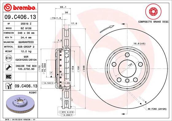 Brembo 09.C406.13 - Тормозной диск autosila-amz.com