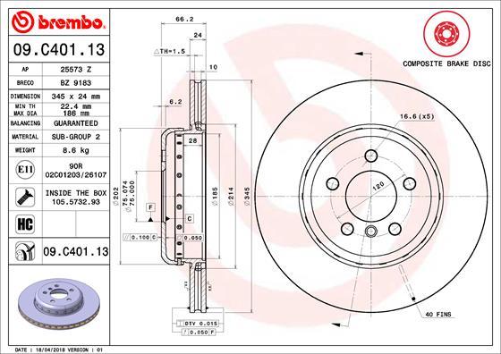 Brembo 09.C401.13 - Тормозной диск autosila-amz.com
