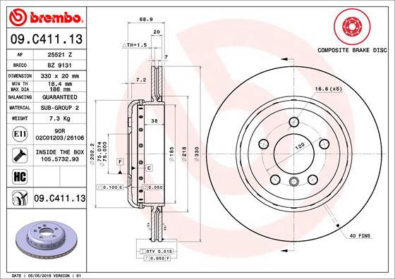Brembo 09.C411.13 - Тормозной диск autosila-amz.com