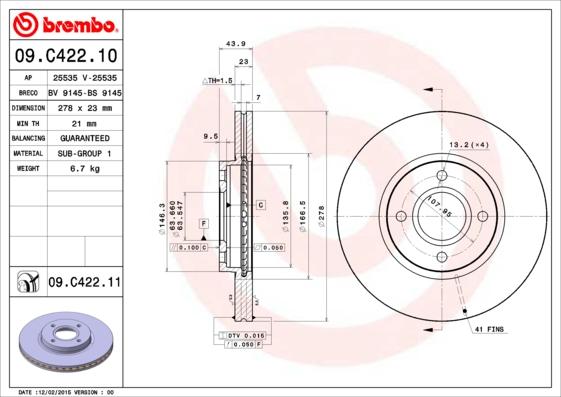 Brembo 09.C422.11 - Тормозной диск autosila-amz.com