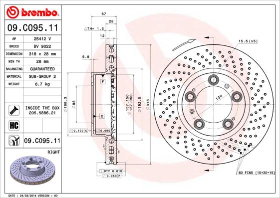 Brembo 09.C095.11 - Тормозной диск autosila-amz.com