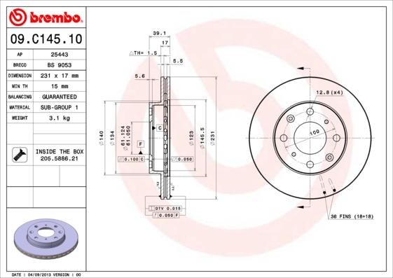 Brembo 09.C145.10 - Тормозной диск autosila-amz.com