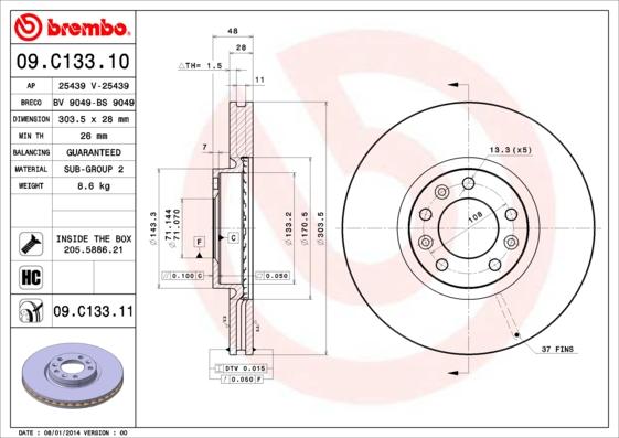 Brembo 09.C133.11 - Тормозной диск autosila-amz.com