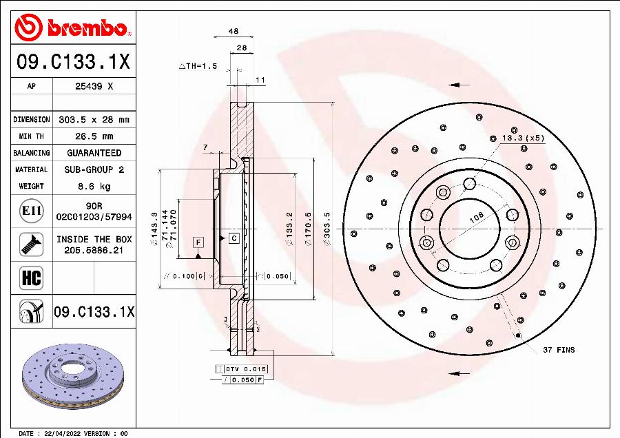 Brembo 09.C133.1X - Тормозной диск autosila-amz.com