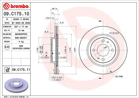 Brembo 09.C175.11 - Тормозной диск autosila-amz.com