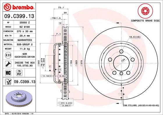 Brembo 09.C399.13 - Тормозной диск autosila-amz.com