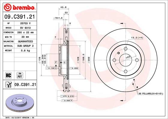 Brembo 09.C391.21 - Тормозной диск autosila-amz.com