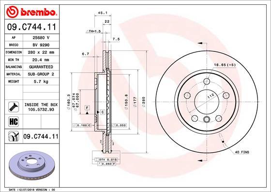 Brembo 09.C744.11 - Тормозной диск autosila-amz.com