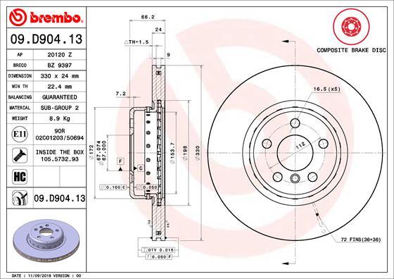 Brembo 09.D904.13 - Тормозной диск autosila-amz.com
