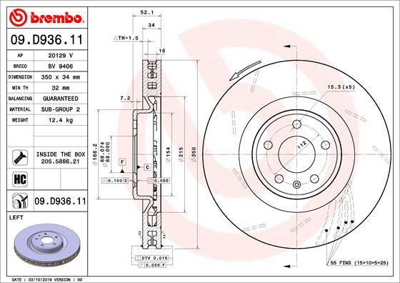 Brembo 09.D936.11 - 09.D936.11 Tarcza hamulcowa przod L PORSCHE MACAN 2.0-3.6 02.14- autosila-amz.com