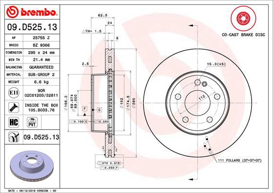 Brembo 09.D525.13 - Тормозной диск autosila-amz.com