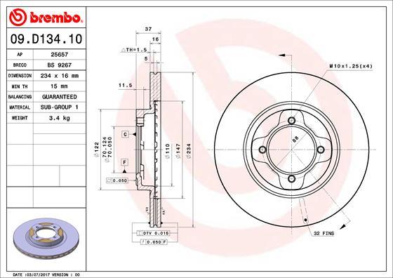 Brembo 09.D134.10 - Тормозной диск autosila-amz.com