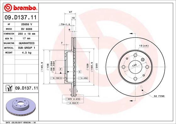 Brembo 09.D137.11 - Тормозной диск autosila-amz.com