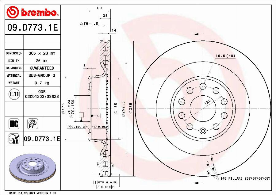 Brembo 09.D773.1E - Тормозной диск autosila-amz.com