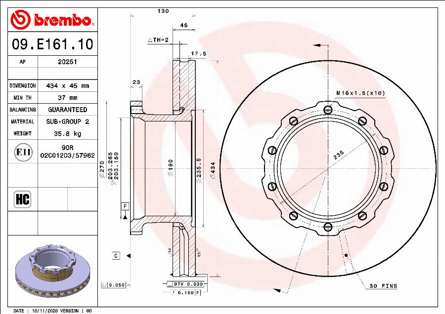 Brembo 09.E161.10 - Тормозной диск autosila-amz.com