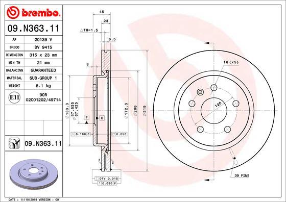 Brembo 09.N363.11 - Тормозной диск autosila-amz.com