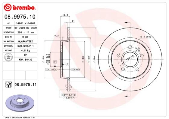 Brembo 08.9975.10 - Тормозной диск autosila-amz.com