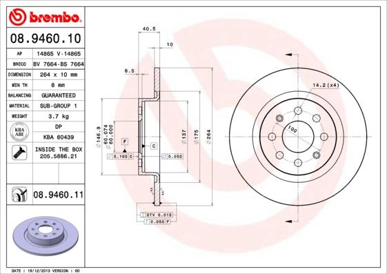 Brembo 08.9460.10 - Тормозной диск autosila-amz.com