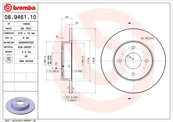 Brembo 08.9461.10 - Тормозной диск autosila-amz.com