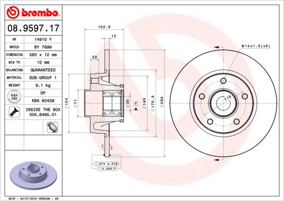 Brembo 08.9597.17 - Тормозной диск autosila-amz.com