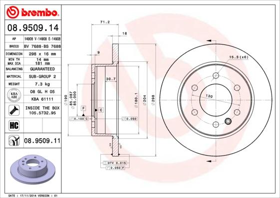 Brembo 08.9509.11 - Диск тормозной задн. с УФ покрытием MERCEDES-BENZ (FJDA) SPRINTER Bus (906) 11/11-> / MERCEDES-BENZ SPRINTER 3,5-t autosila-amz.com