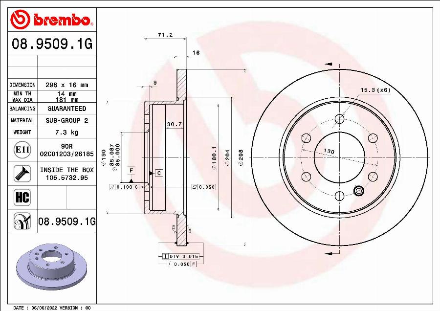 Brembo 08.9509.1G - Тормозной диск autosila-amz.com
