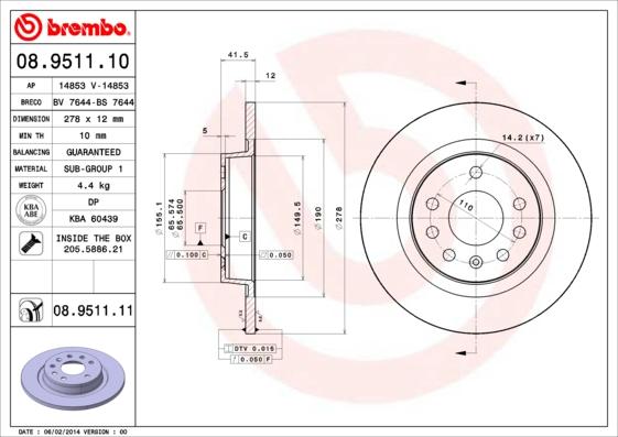 Brembo 08.9511.10 - Тормозной диск autosila-amz.com