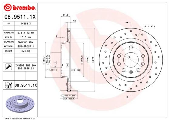 Brembo 08.9511.1X - Тормозной диск autosila-amz.com