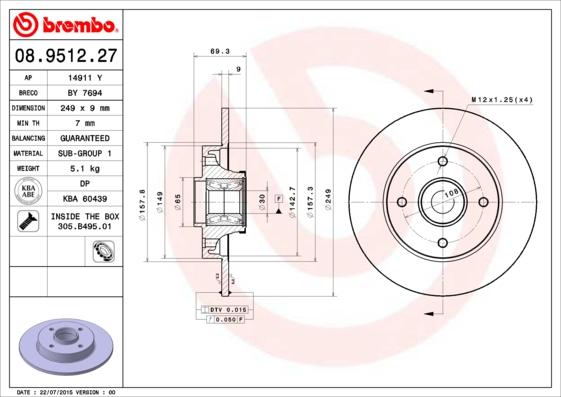 Brembo 08.9512.27 - Тормозной диск autosila-amz.com