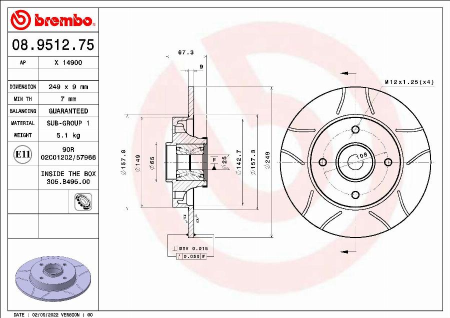 Brembo 08.9512.75 - Тормозной диск autosila-amz.com