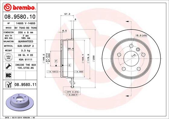 Brembo 08.9580.11 - Тормозной диск autosila-amz.com